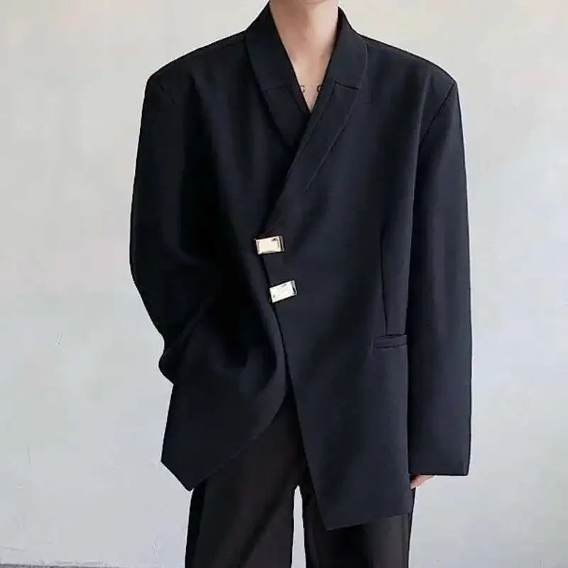 IEFB Metal Button Design Men's Blazers Shawl Collar Oblique Placket Design Casual Clothing Solid Color Male Suit Jackets 9W957