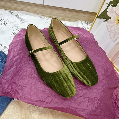 2025 Women Shoes Luxury Velvet Ballet Shoes Women Square Toe Flat Mary Janes Ladies Fashion Buckle Strap Velour Shallow Loafers