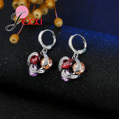 Colorful Crystal Jewelry Set for Female Girls 925 Sterling Silver Pendant Necklaces Earrings Set Women Wedding Accessorie