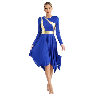 Women Church Choir Worship Liturgical Dress Modern Lyrical Dance Waltz Stage Performance Costume Long Sleeve Metallic Shiny Gown