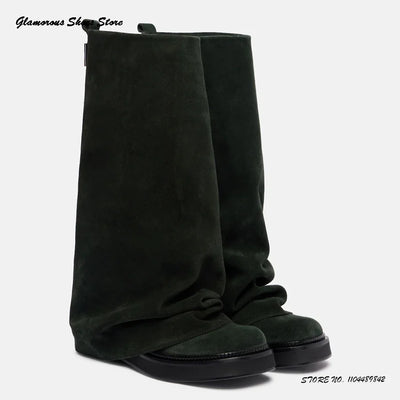 Pleated Suede Knee-high Boots Women's Spring Autumn Pull On Trending Shoes Round Toe Flat with Wide Shaft Runway Modern Boots