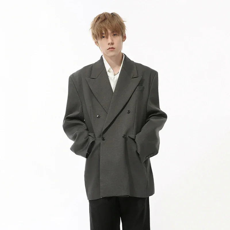 IEFB Korean Style Men's Blazers Double Breasted Shoulder Padded Tops Turn-down Collar Solid Color Loose Male Suit Jackets 9C8669