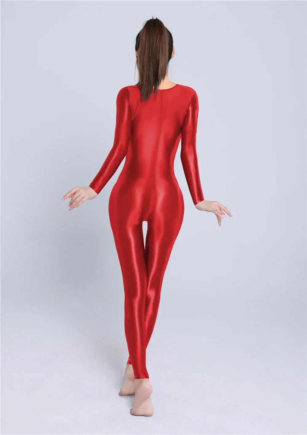 Women's Sexy Yoga Shaper Jumpsuit Dance SM Wear Oil Glossy High Elastic Long Sleeves Bodysuit Sheer Slip Satin Slimming Tights