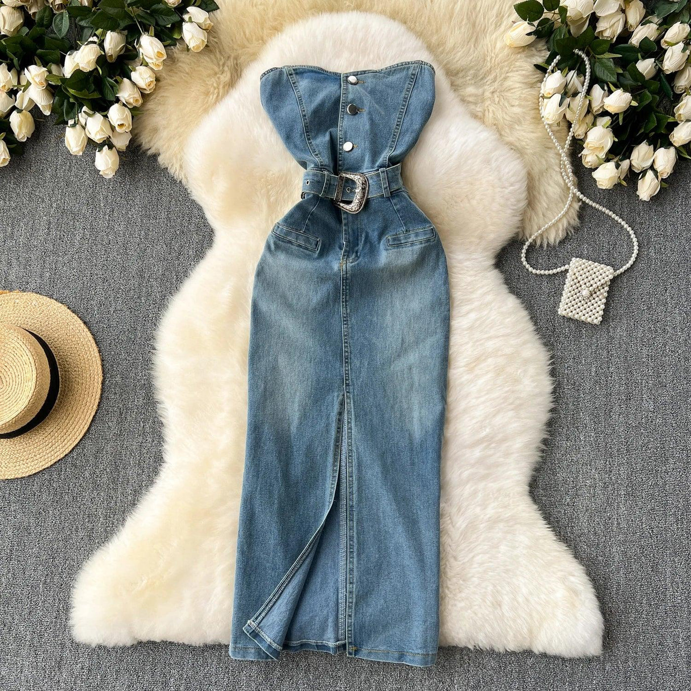 Denim Dress Women Sheath Dresses Vintage Sexy Vestidos Sleeveless Backless Washed Belt Tight Waist Split Sundress Summer 2025