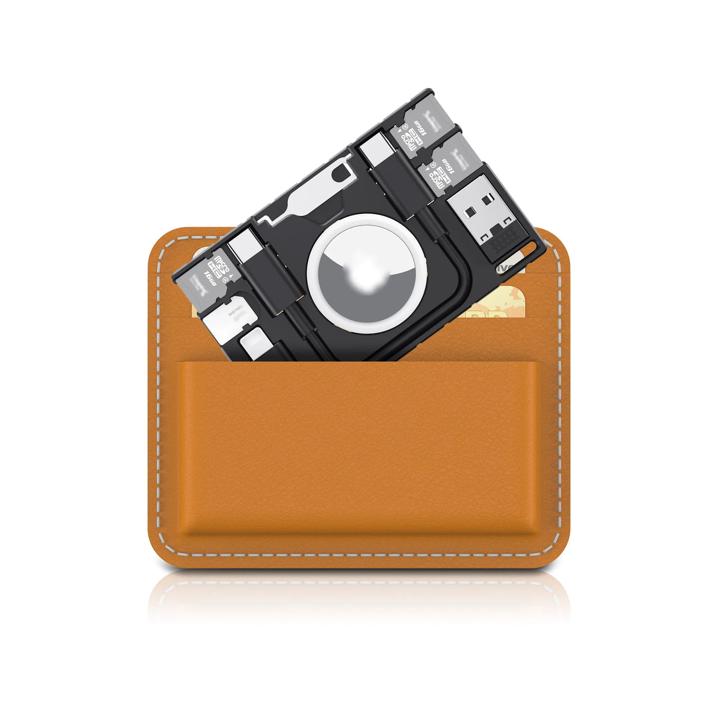 Brown leather slim wallet with AirPods case, AirTag holder, and USB-C cable