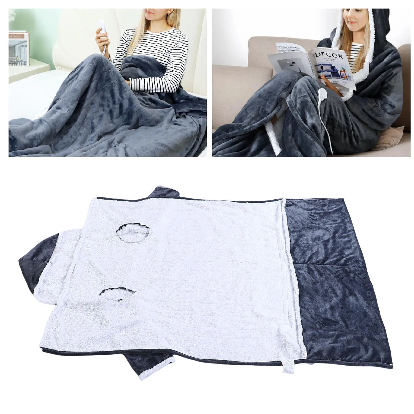 Heated Blanket with Sleeves Hood and Foot Pocket Flannel 10 Heating Levels Electric Wearable Blanket with 3 Time Settings