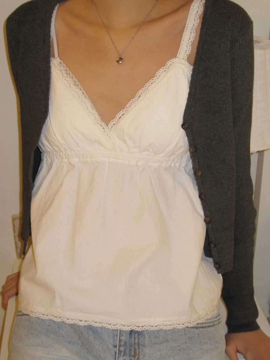 Stripes Lace Trim Top Women Sexy V Neck