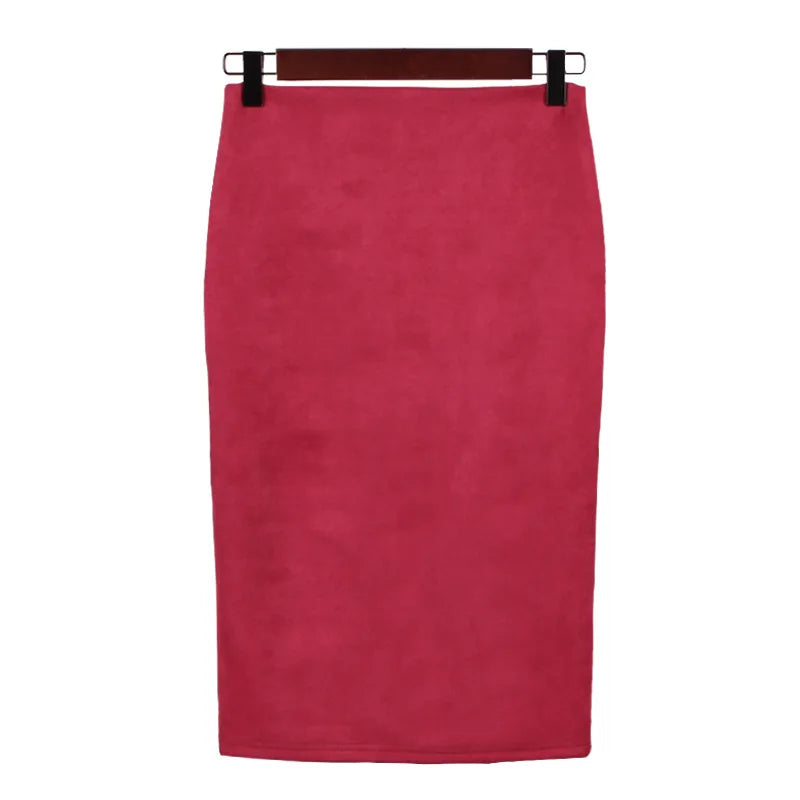 Women's suede solid color pencil skirt, spring and summer high waisted tight fitting retro suede split thick elastic skirt