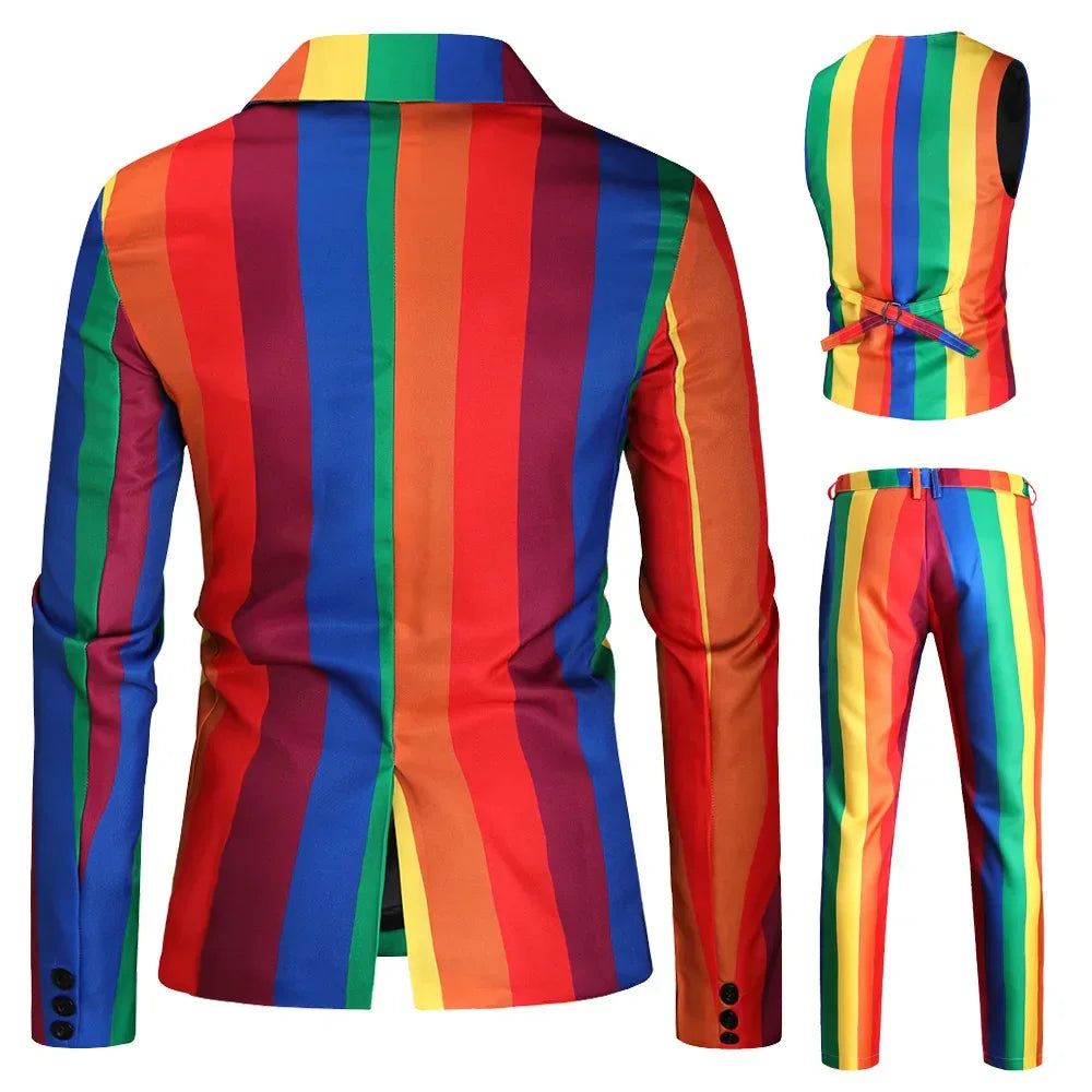 Men's Blazers Sets Rainbow Striped Print Blazers Jacket+Pants+Vest Man three Pieces Sets Prom Party Stage Singer Dancer Costumes