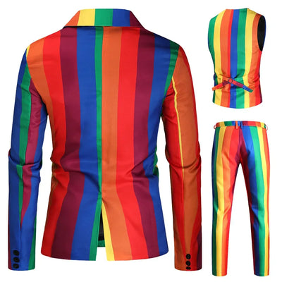 Men's Blazers Sets Rainbow Striped Print Blazers Jacket+Pants+Vest Man three Pieces Sets Prom Party Stage Singer Dancer Costumes