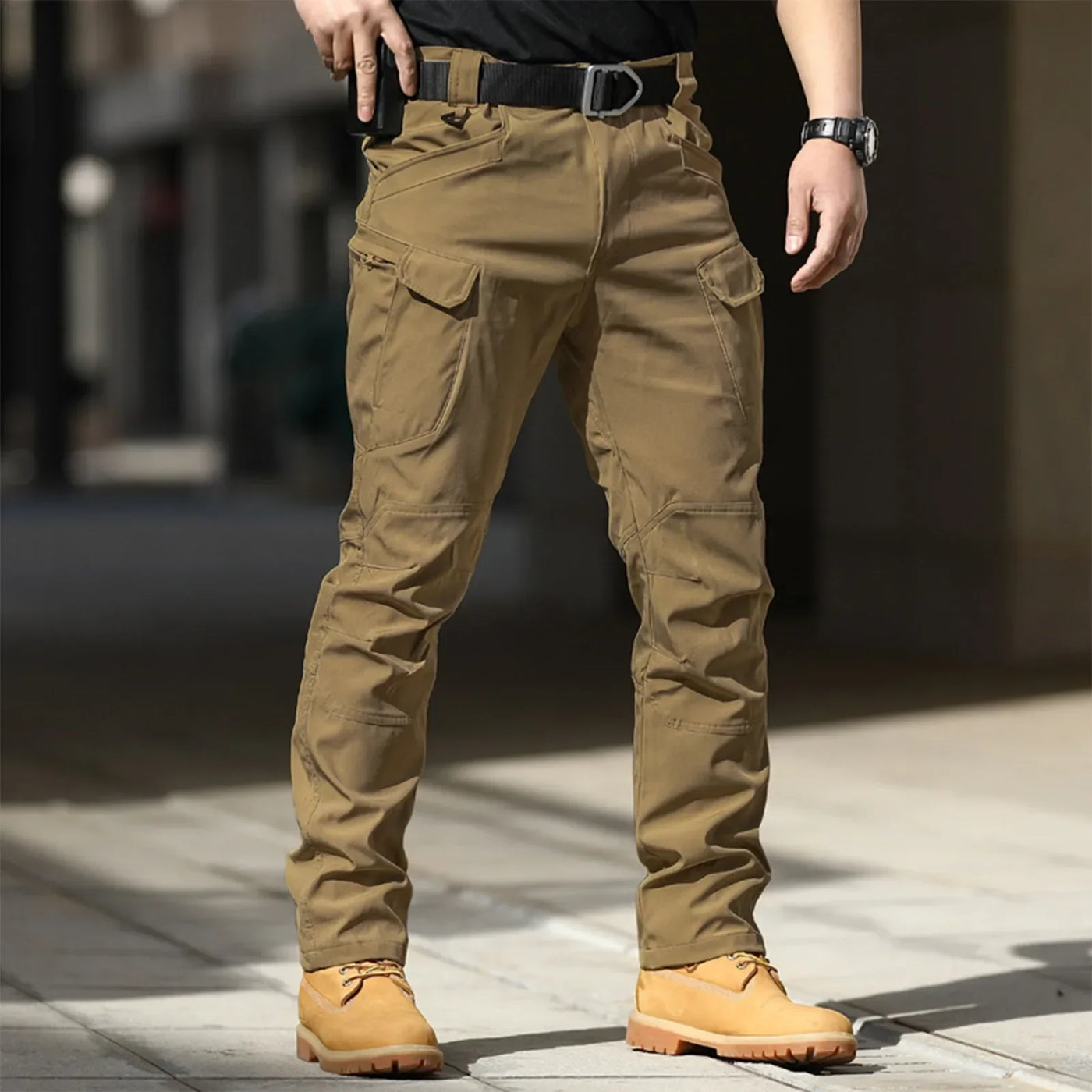 Men Solid Color Casual Cargo Multi Pocket Long Pants Outdoor Hiking Camping Climbing Stretch Waterproof Trousers