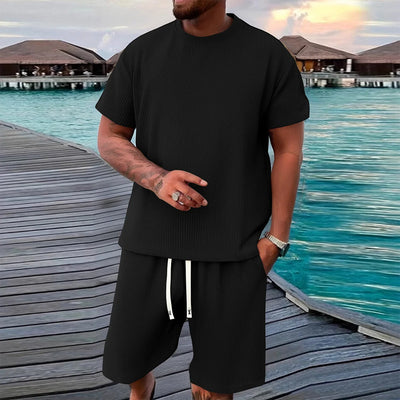 2-piece men's short sleeved shorts set, made of jacquard fabric suitable for fitness, running, and outdoor leisure activities