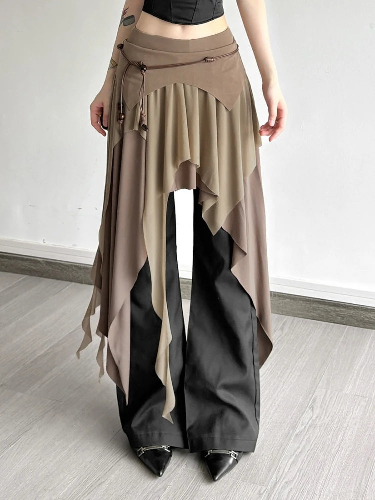 Solid Color Long Skirts For Women Streetwear Asymmetrical Falda Sexy Mujer Slim Fit Korean Fashion Clothing Ruffles Jupe Femme