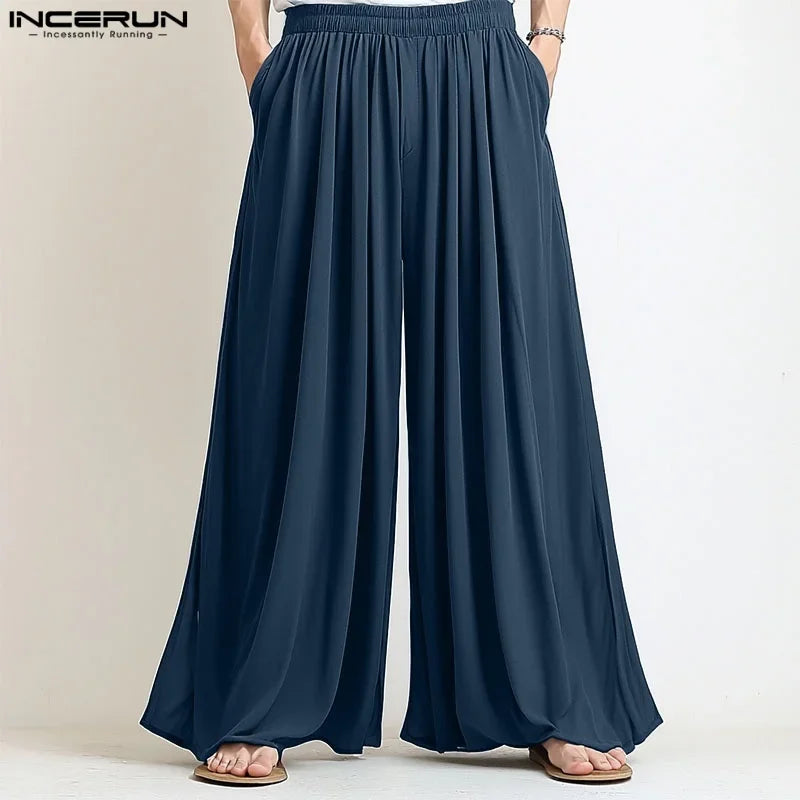 Men Wide Leg Pants Solid Color Joggers Pleated Oversize Casual Trousers Men Elastic Waist 2025 Streetwear Fashion Pants INCERUN