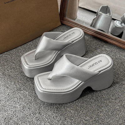 Women's Summer Outdoor Platform Sandals Flip Flops High Heel Thi Bot Clog oes Heightening Slippers Korean Sle PU Mat...