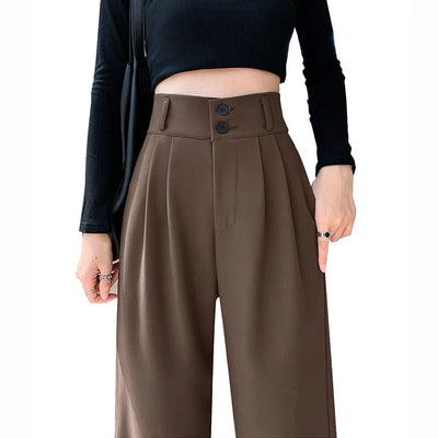 High Waist Wide Leg Pants for Women New Loose Straight Coffee Trousers Autumn Double Buttons Casual Suit Pants Female