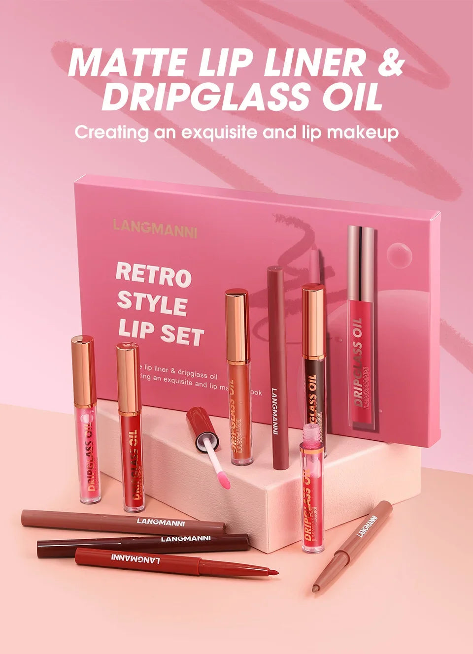 12PCS Retro Lip Set 6 Lipliner 6 Dripglass Oil Matte Shiny Long Lasting Makeup Kit Cosmetics Beauty Essentials