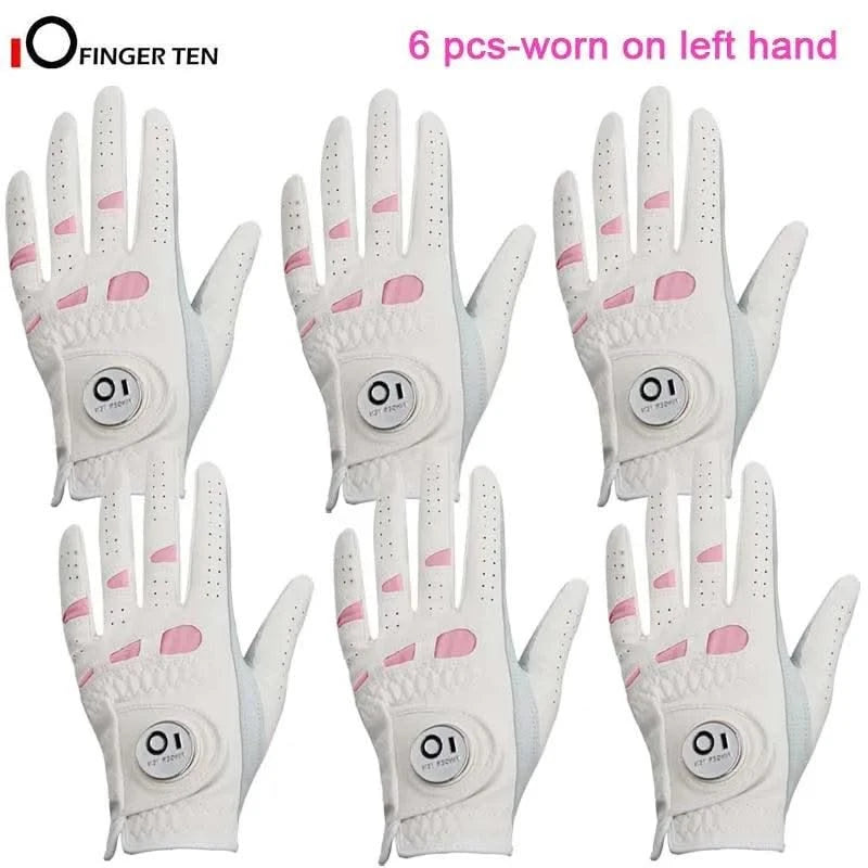 6 Pcs Rain Grip All Weather Womens Golf Gloves Ladies Left Hand Right Soft Cabretta Leather Glove with Ball Marker for Women