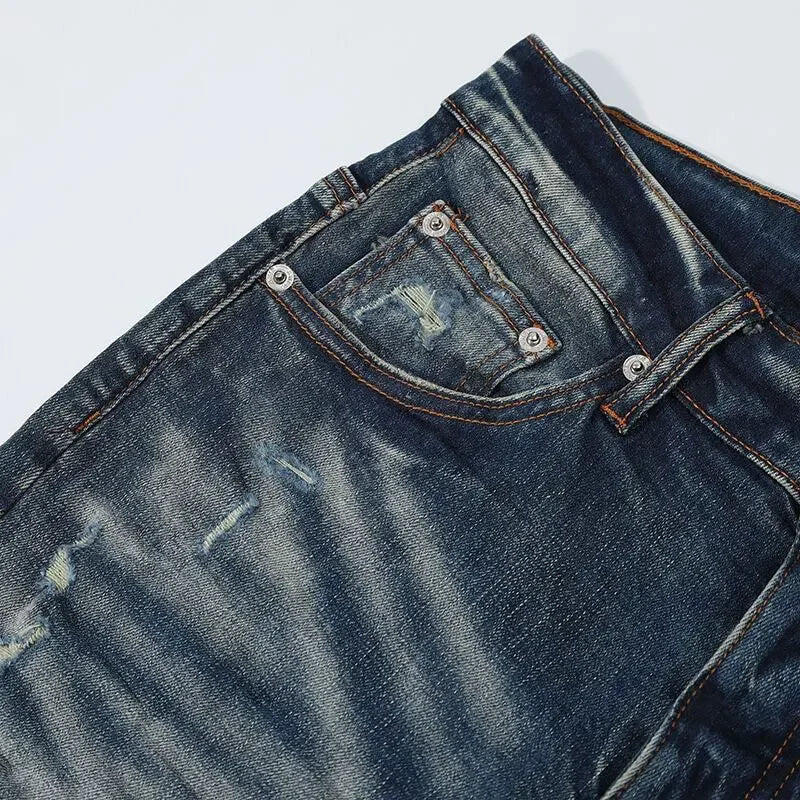 Fashionable new men's jeans with pleated elastic slim fit, retro washed blue jeans, high street designer hip-hop brand pants, ho