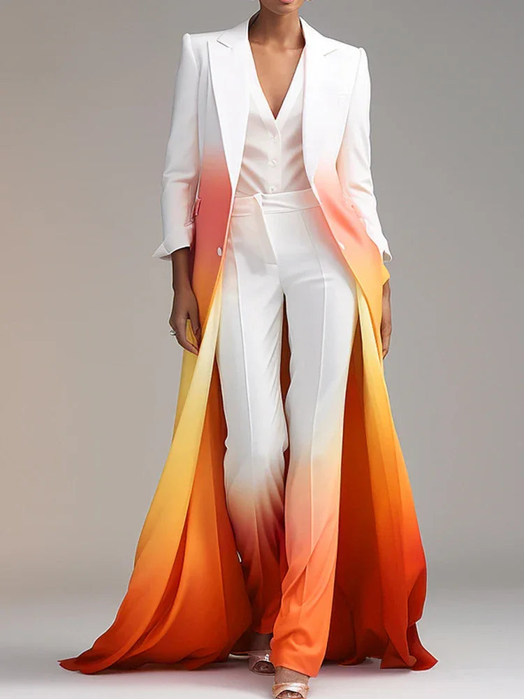 Beautyblue Gradient Outerwear Long Blazer for Women 2025 New Fashion Buttoned Pockets Chic Notched Collar Elegant Woolen Coats