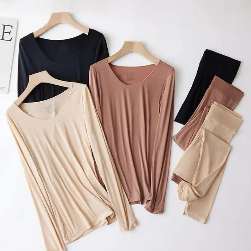 Women Thermal Underwear Long Sleeves Bottoming Shirt Pullover Elastic Casual Solid Top