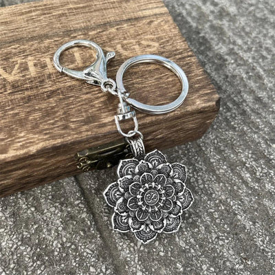 Nostalgia Yoga Lotus Keyring Mandala Jewelry Vintage Keychain For Women Buddhism Gifts