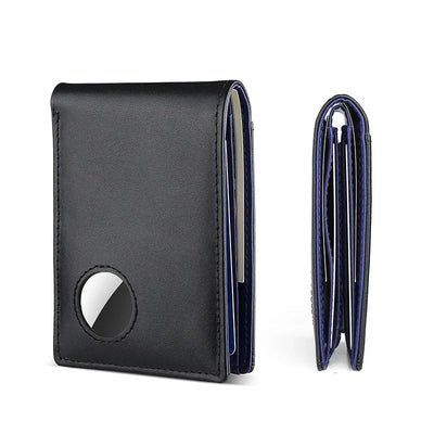 Black genuine leather card holder with AirTag slot and pen holder