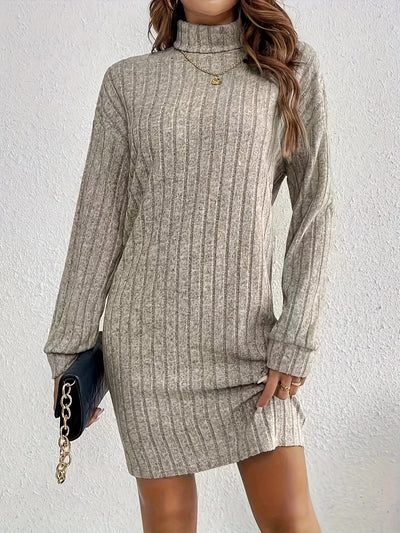 Cozy Casual Turtleneck Dress for Women - Long Sleeve, Ribbed Knit, Mid-Length with Side Stripes - Perfect for Fall/Winter