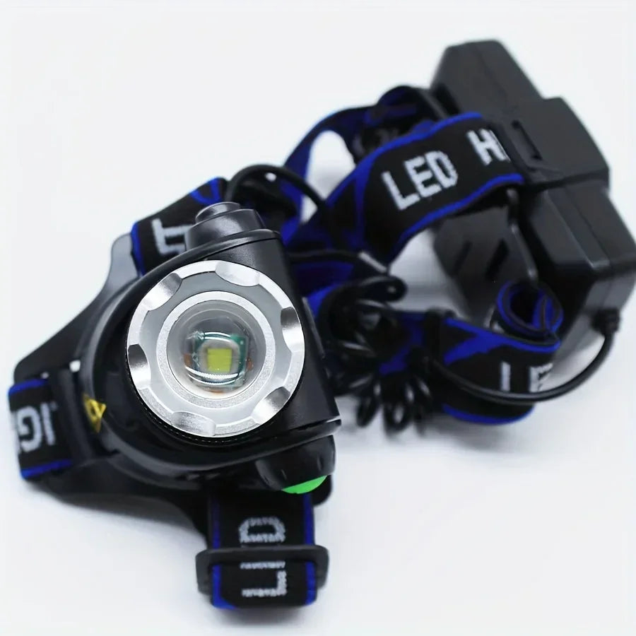 1 headlamp, USB rechargeable, including two 1200mAh lithium batteries, suitable for hiking and camping