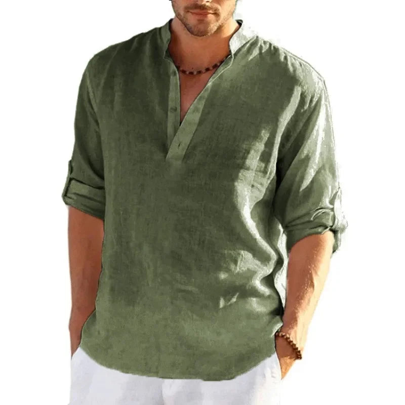 New Men's Linen Long Sleeve T Shirt Solid Color Loose Casual Breathable Shirt Cotton Mens Shirts Designer Lightweight Streetwear