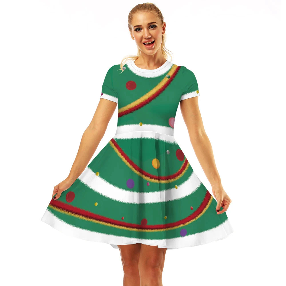 Merry Christmas Women Dress Graphics Stripe Christmas Elf Printed Dress Disguise Adult Xmas Cosplay Costume Holiday Party Wear