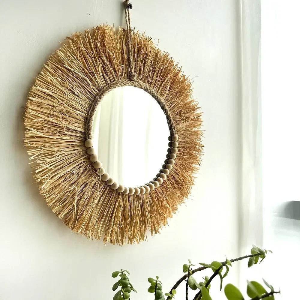 Handmade boho raffia mirror wall hanging decor rustic circle acrylic mirrors with wood bead farmhouse aesthetic nursery