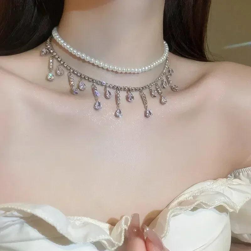 Luxury rhinestone crystal chokers necklaces for women multilayer imitation pearl chain necklace party wedding jewelry