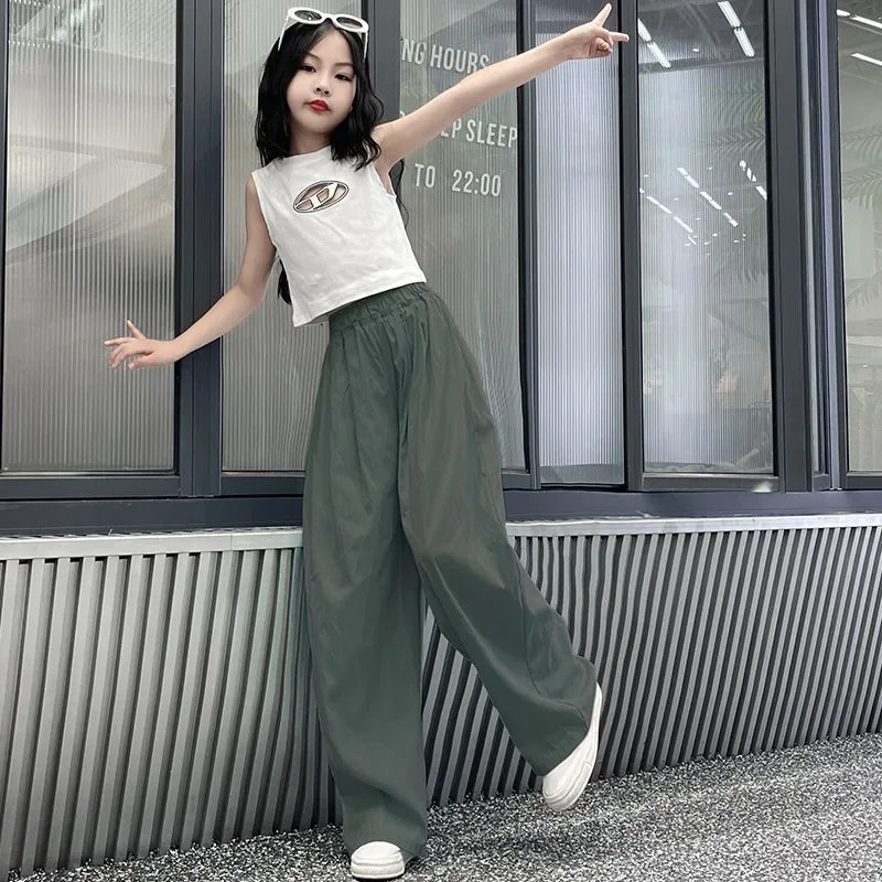 Teens Girls Casual Pants Summer Loose Cool Wide Leg Pants for Kids Daily All-match Thin Children Beach Trousers 8 10 12 14 Years
