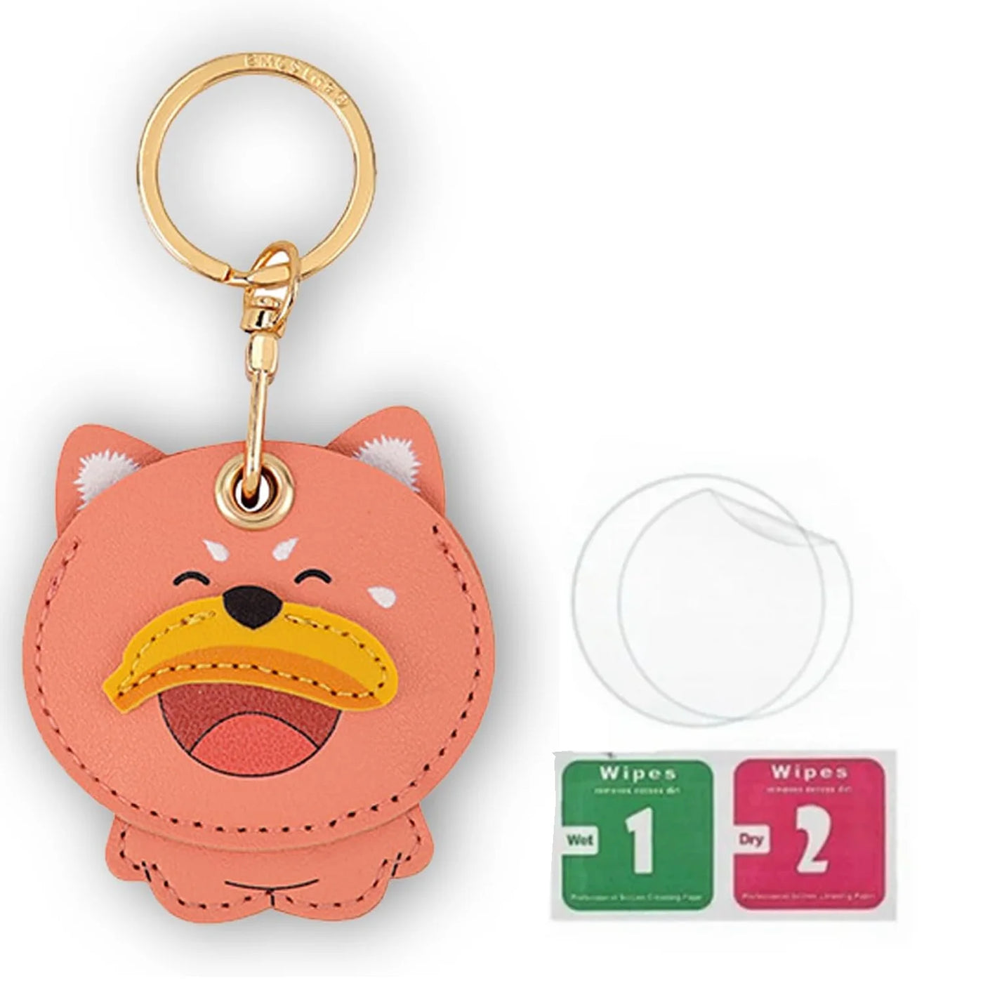 Pink dog-shaped leather AirTag keychain holder with hand straps and yellow nose