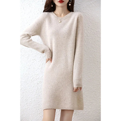 Knit Dresses for Women's Fashion Sweater 100% Merino Wool Winter Ladies O-Neck Warm Knitted Dress Fall Female Casual Black Skirt