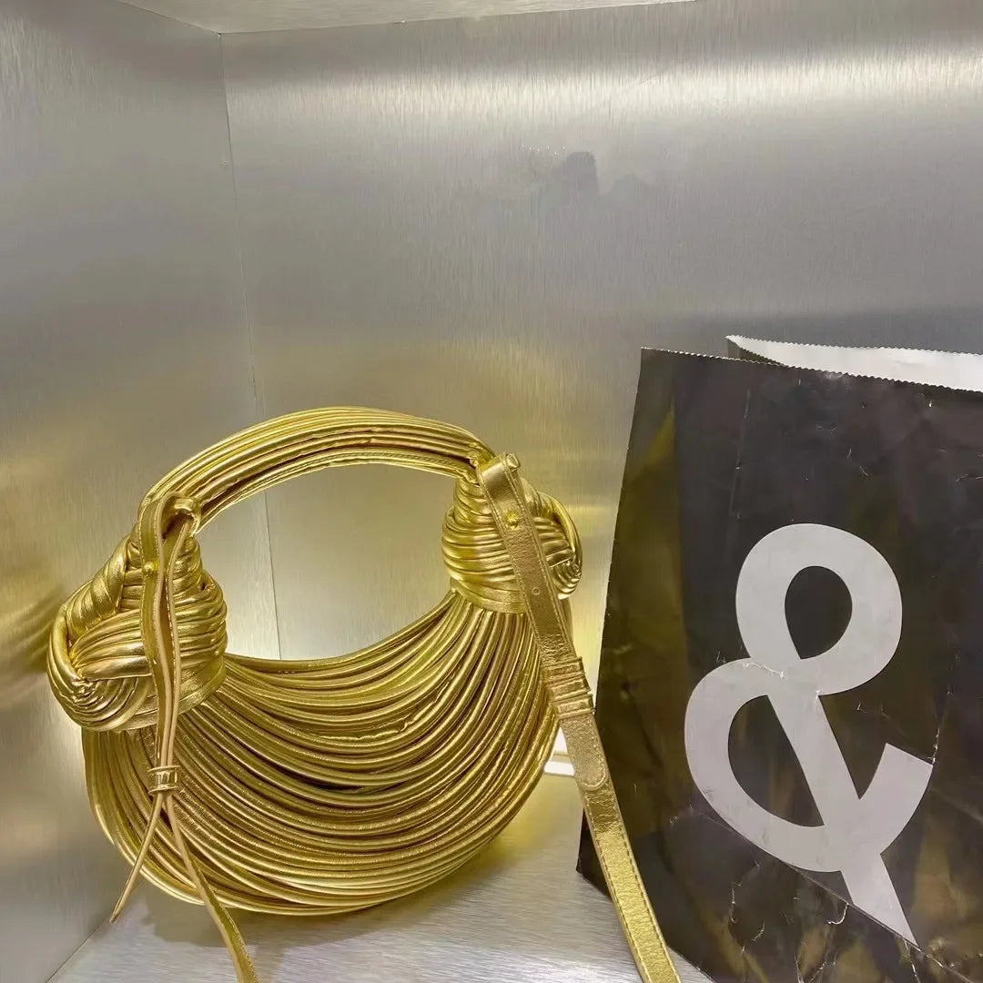 Handbags for Women 2025 New in Gold Luxury Designer Brand Handwoven Noodle Bags Rope Knotted Pulled Hobo Silver Evening Clutch