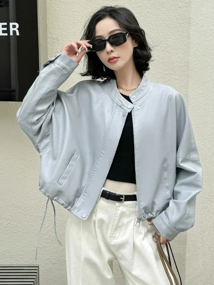 Women Blue Biker Pu Jackets Retro Streetwear Long Sleeve Moto Short Coats Casual O Neck Korean Fall Winter Pockets Outwear New
