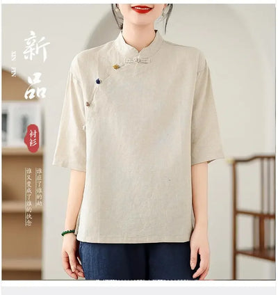 Women's Retro Linen Short-Sleeved Top