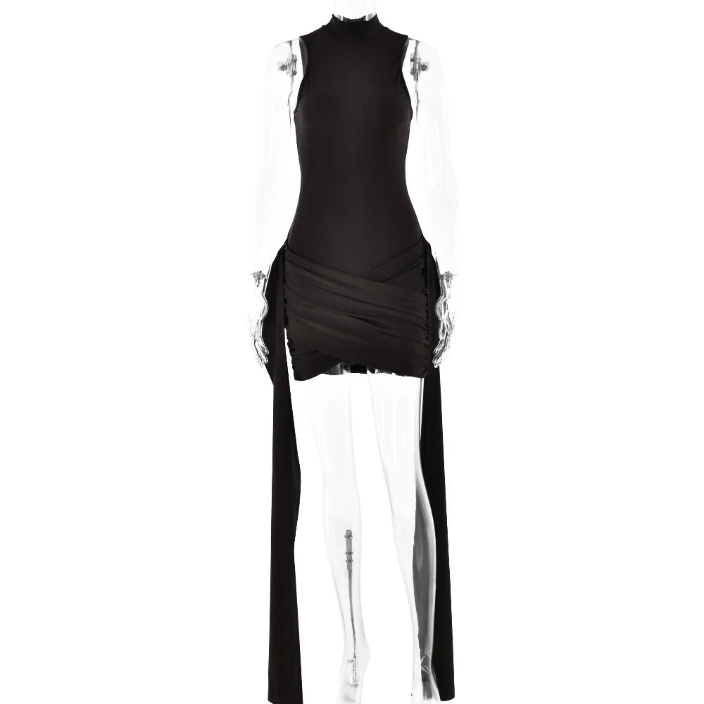 Turtleneck Sleeveless Sexy Mini Dress for Women Fashion Irregular Ruched Tank Dress Femme Elegant Club Party Dress Vintage Y2k