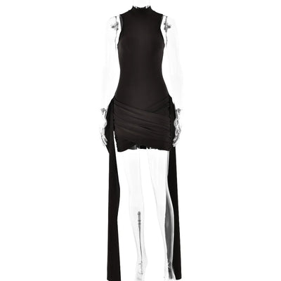 Turtleneck Sleeveless Sexy Mini Dress for Women Fashion Irregular Ruched Tank Dress Femme Elegant Club Party Dress Vintage Y2k