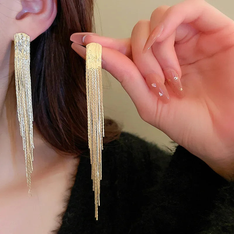 Fashion Statement Long Statement Gold Plated Bling Tassel Earring For Women Female Stainless Steel Wedding Daily Pendant Jewelry