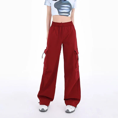 American Drawstring Fashion Women's Pants Casual Pocket Cargo Pants Female Straight Baggy Outdoor Sweatpants Red Apricot Khaki