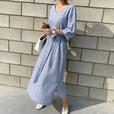 2021 Summer Striped Cotton Linen Long Dress Women Fashion Loose Vestidos Vintage V-neck Half Sleeve Dress for Women Loose