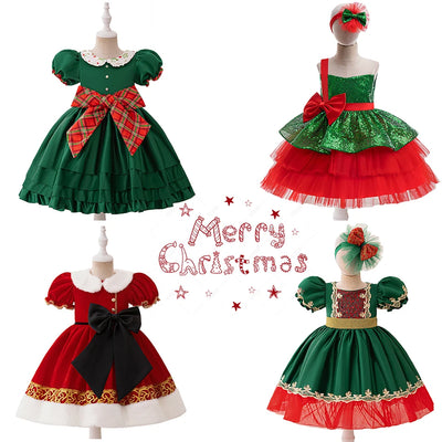 Christmas Dresses Girl Cartoon Print Princess Dress Children Red and Green Sequined Mesh Puff BalL Gown Carnival Clothes