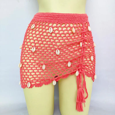Women Beach Wear Swimsuit Cover-Ups Boho Summer See-Through Hollow Out Bandage High Waist Short Beach Skirt Crochet Knit Skirts