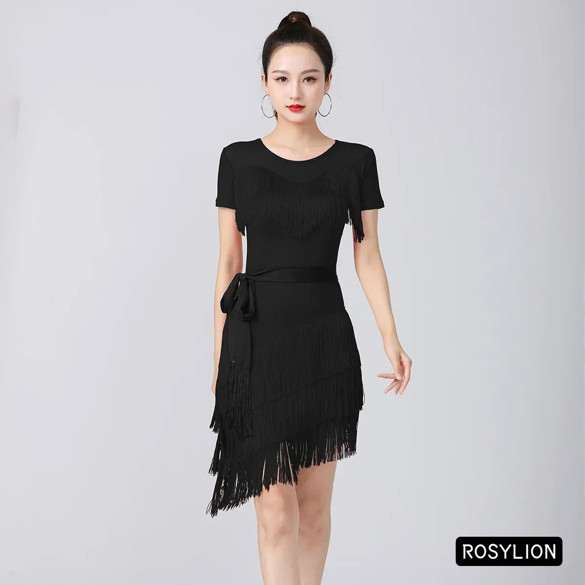 Women Latin Dance Outfit for Female Adults High End Slim Short Sleeve Tassel Split Dress Purple Red Sexy Practice Dance Clothing