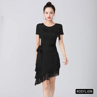 Women Latin Dance Outfit for Female Adults High End Slim Short Sleeve Tassel Split Dress Purple Red Sexy Practice Dance Clothing