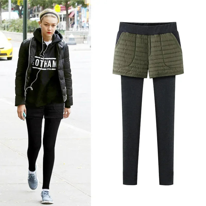 Winterfleece-lined Women's Tights Two-piece Illusionshorts Autumn/winter Thickened Cotton Wadded Trousers Warm Leggings