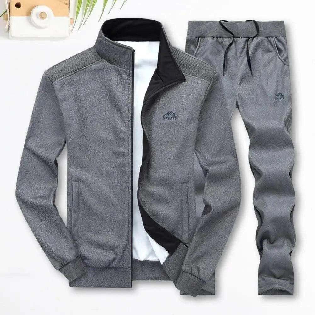 Activewear Men's Athleisure Suit with Stand Collar Coat Elastic Drawstring Waistband Pants Set Zipper Placket Long Sleeve